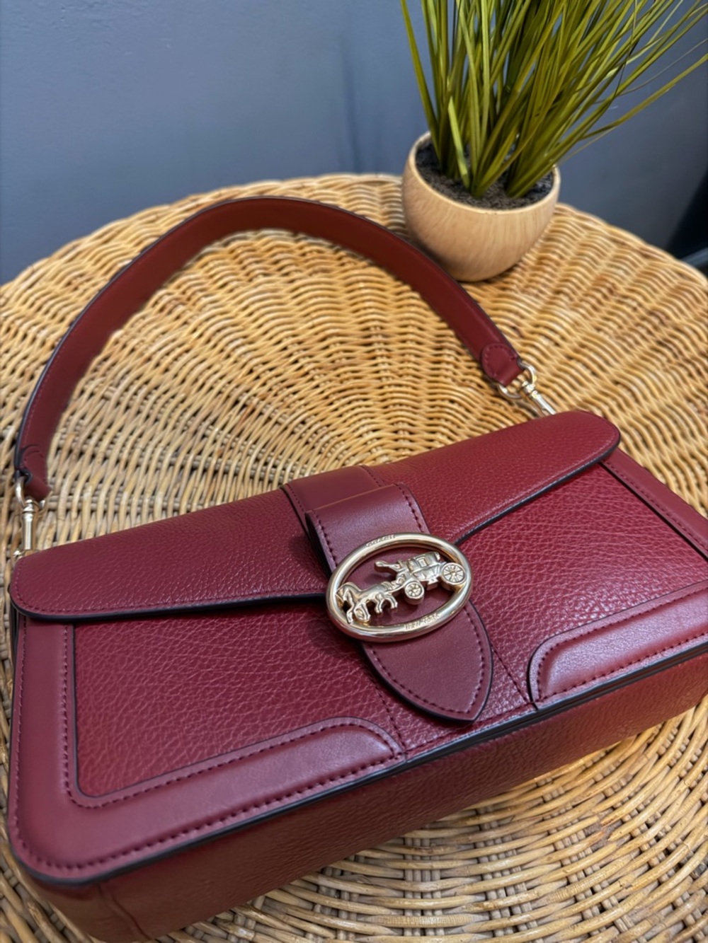 Coach Burgundy Leather Shoulder Bag with Gold Horse & Carriage Emblem